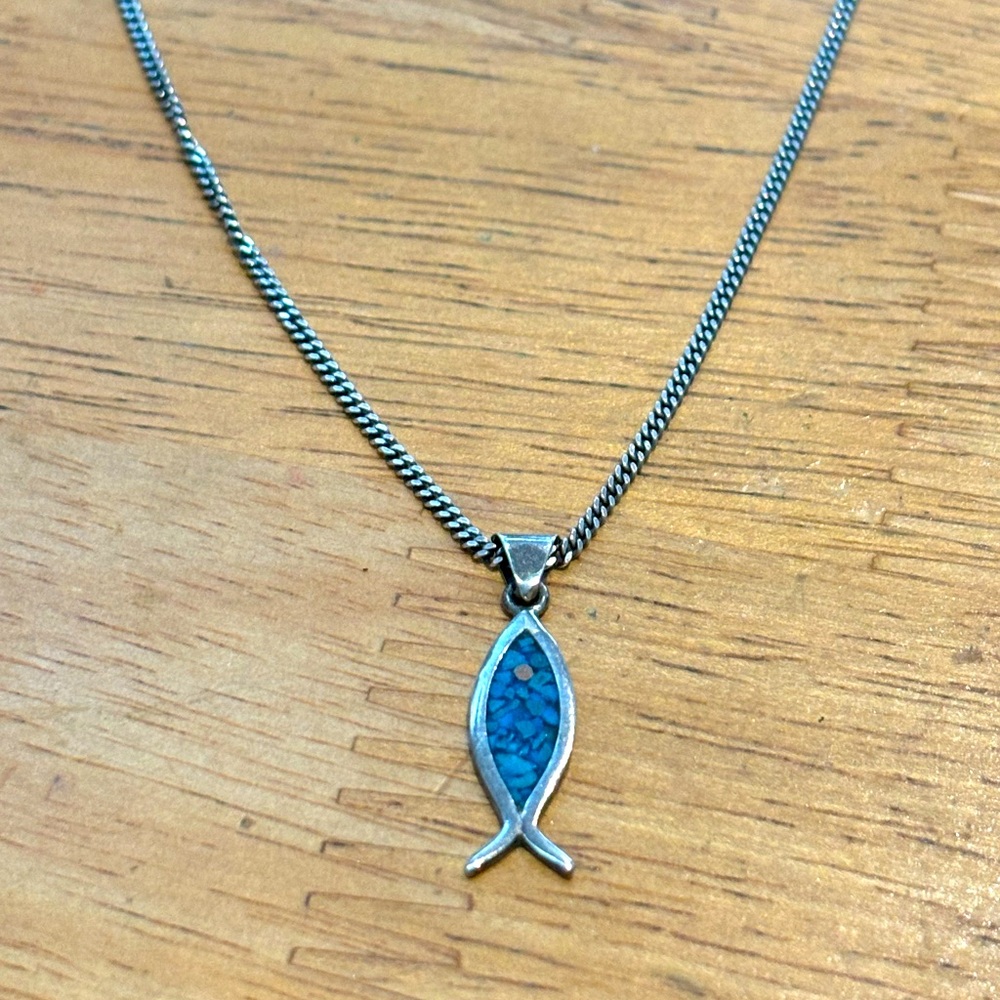 Vintage Mexico sterling silver turquoise chip Jesus Fish pendant with chain
